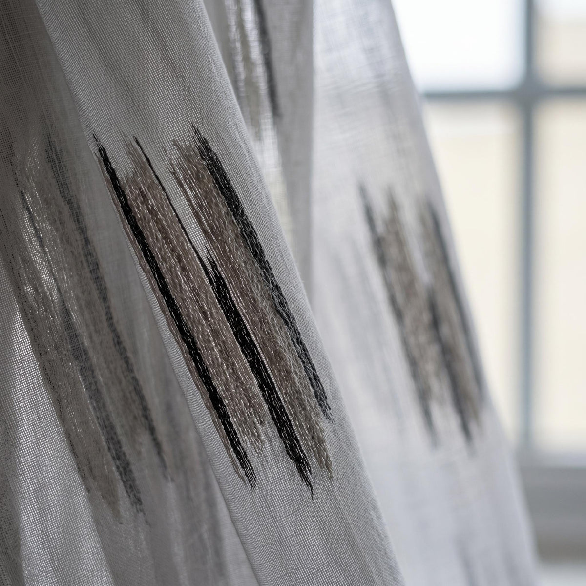Pure White Linen Sheer Curtains, Charcoal Grey Abstract Stripe Embroidered Drapes, Custom Privacy Panels — image 8