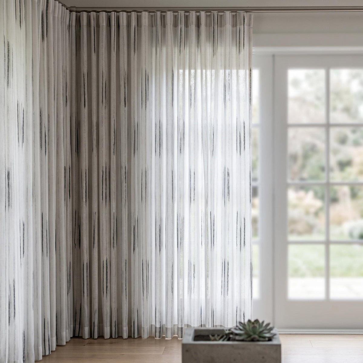Pure White Linen Sheer Curtains, Charcoal Grey Abstract Stripe Embroidered Drapes, Custom Privacy Panels — image 7