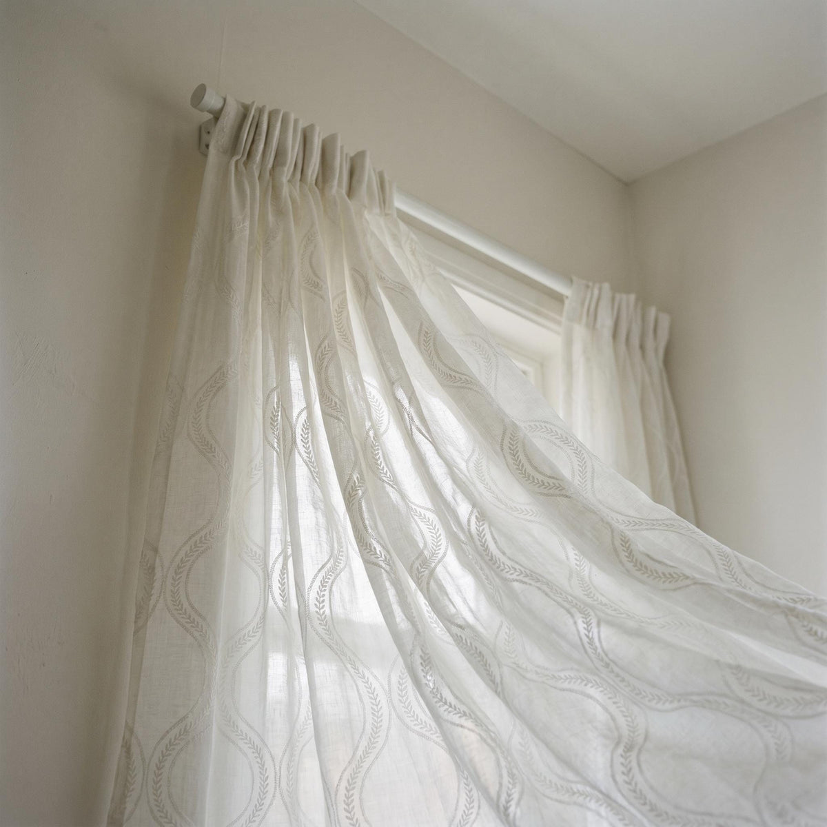 White Pure Linen Sheer Curtains, Tone-on-Tone White Embroidered Vine Drapes, Custom Light Filtering Window Panels — image 9