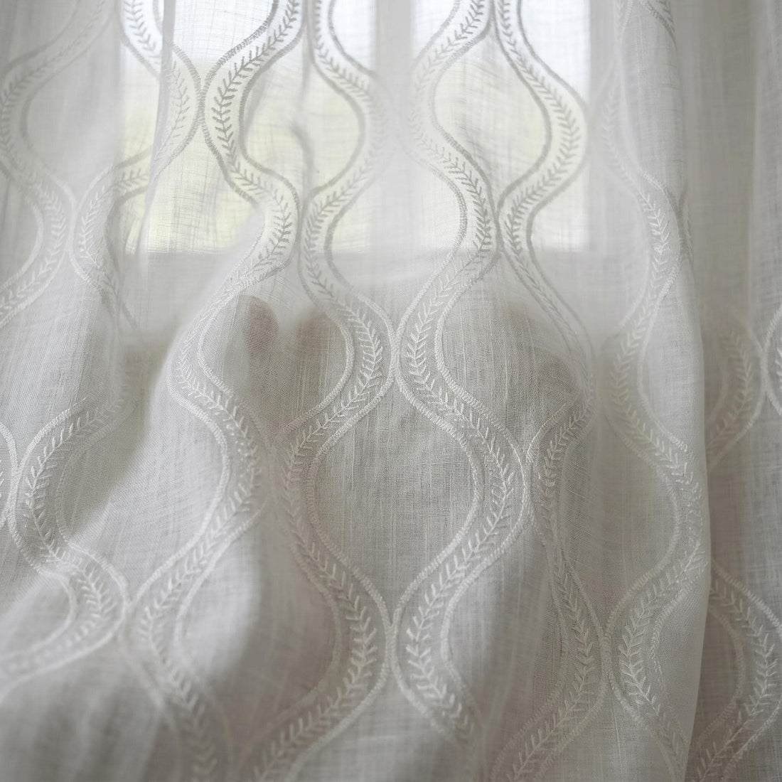 White Pure Linen Sheer Curtains, Tone-on-Tone White Embroidered Vine Drapes, Custom Light Filtering Window Panels — image 1