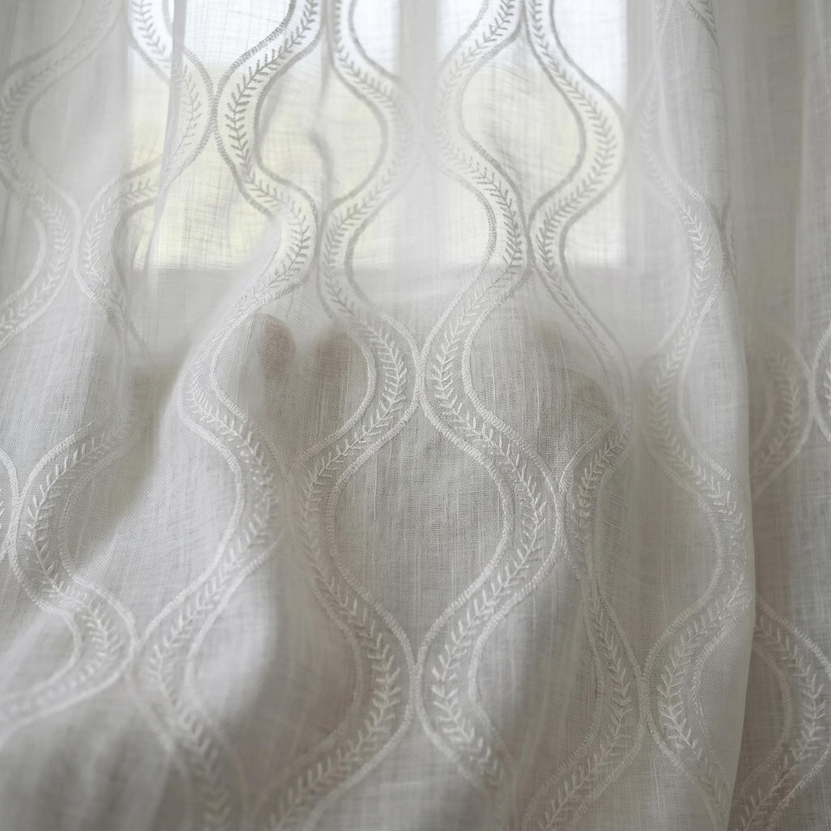 White Pure Linen Sheer Curtains, Tone-on-Tone White Embroidered Vine Drapes, Custom Light Filtering Window Panels — image 1