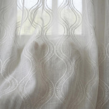 White Pure Linen Sheer Curtains, Tone-on-Tone White Embroidered Vine Drapes, Custom Light Filtering Window Panels — image 1