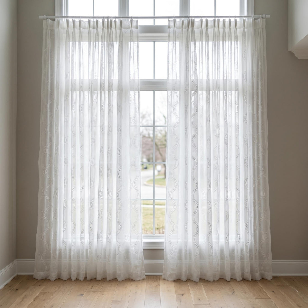 White Pure Linen Sheer Curtains, Tone-on-Tone White Embroidered Vine Drapes, Custom Light Filtering Window Panels — image 4