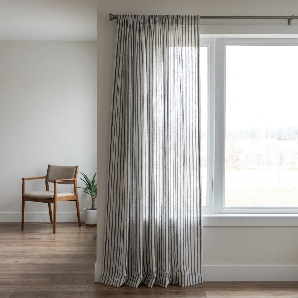White Linen Sheer Curtains, Dark Grey Embroidered Stripe Drapes, Custom Privacy Panels, Modern Window Panels — image 3