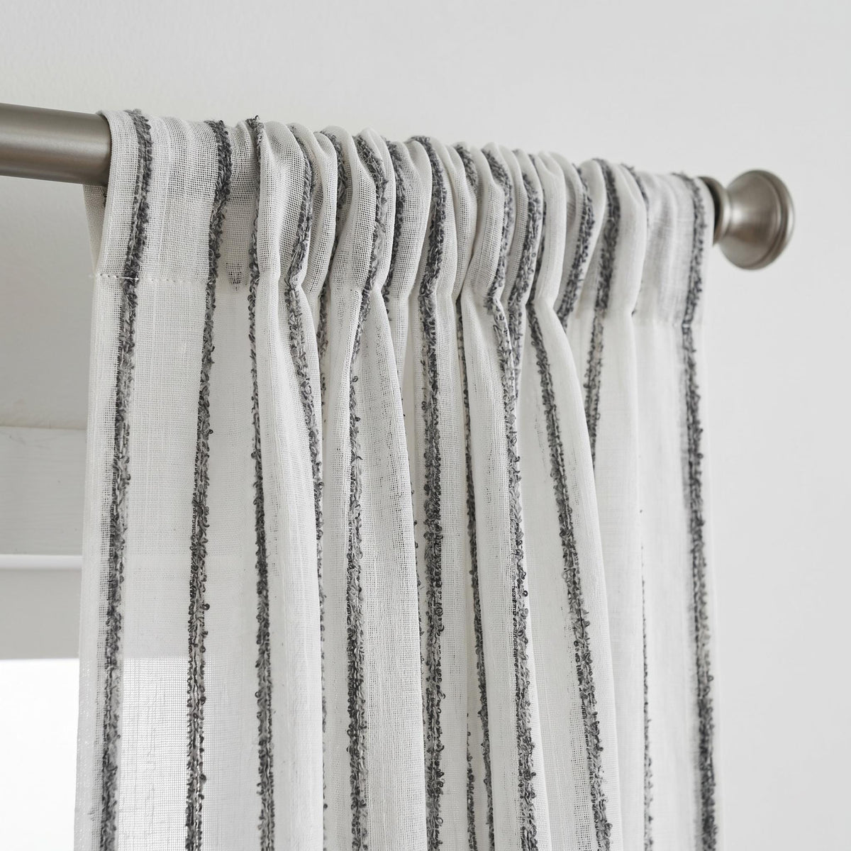 White Linen Sheer Curtains, Dark Grey Embroidered Stripe Drapes, Custom Privacy Panels, Modern Window Panels — image 2