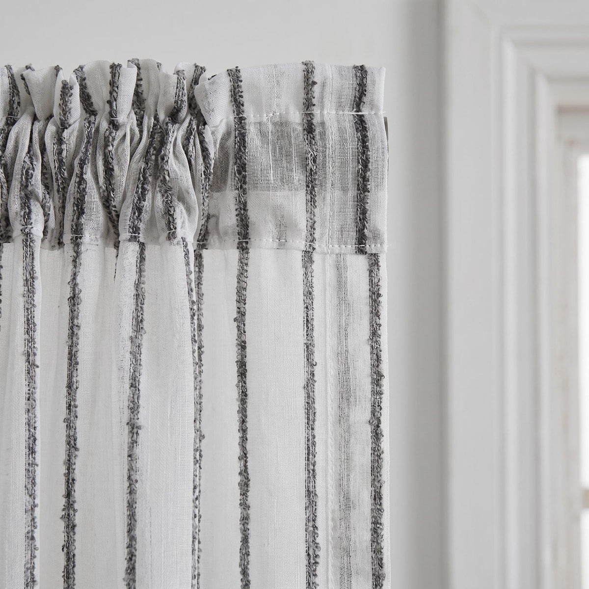White Linen Sheer Curtains, Dark Grey Embroidered Stripe Drapes, Custom Privacy Panels, Modern Window Panels — image 9