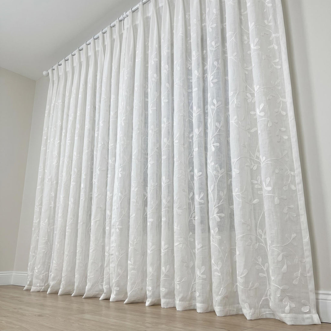 White Pure Linen Sheer Curtains, White Embroidered Leaf Vine Drapes, Custom Light Filtering Window Panels — image 1