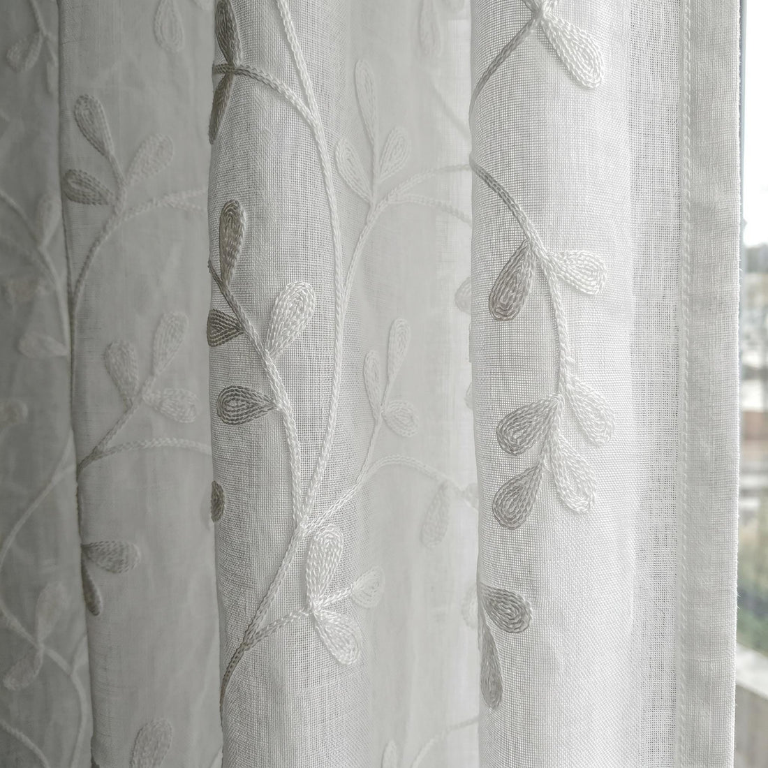 White Pure Linen Sheer Curtains, White Embroidered Leaf Vine Drapes, Custom Light Filtering Window Panels — image 1