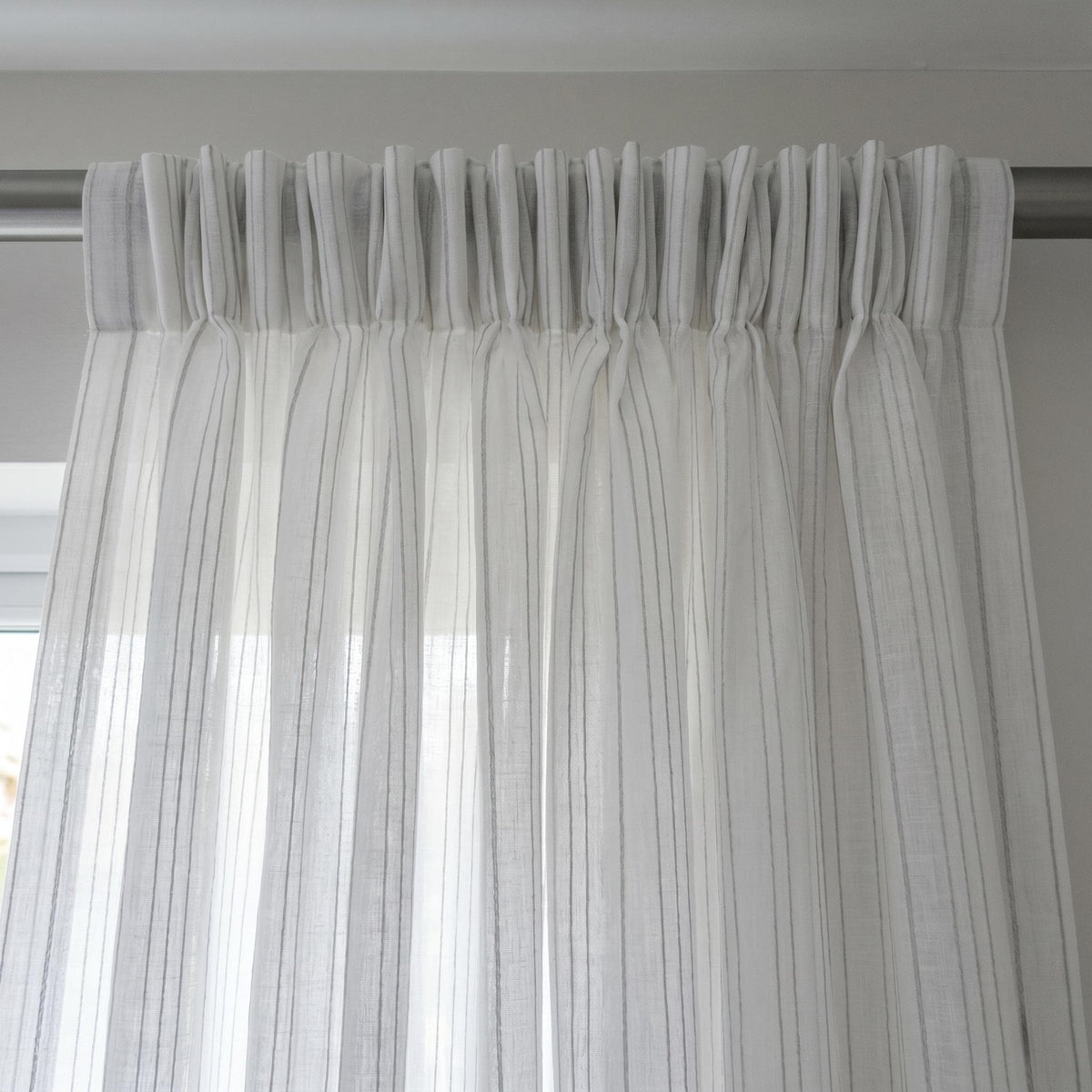 White Linen Sheer Curtains, Grey Embroidered Stripe Drapes, Custom Privacy Panels, Modern Sheer Window Curtains — image 7
