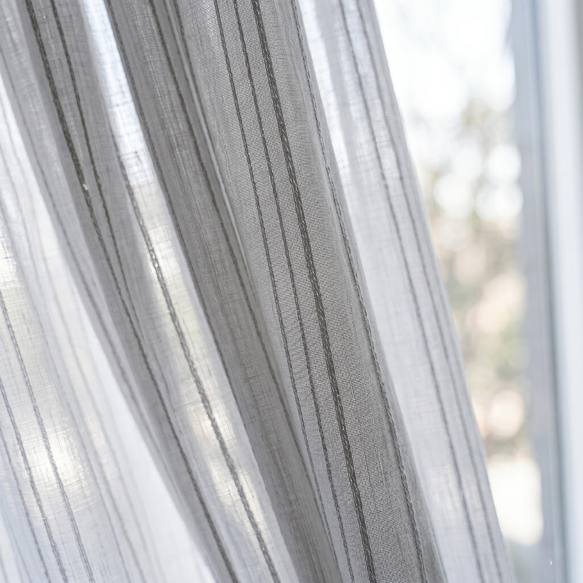 White Linen Sheer Curtains, Grey Embroidered Stripe Drapes, Custom Privacy Panels, Modern Sheer Window Curtains — image 6