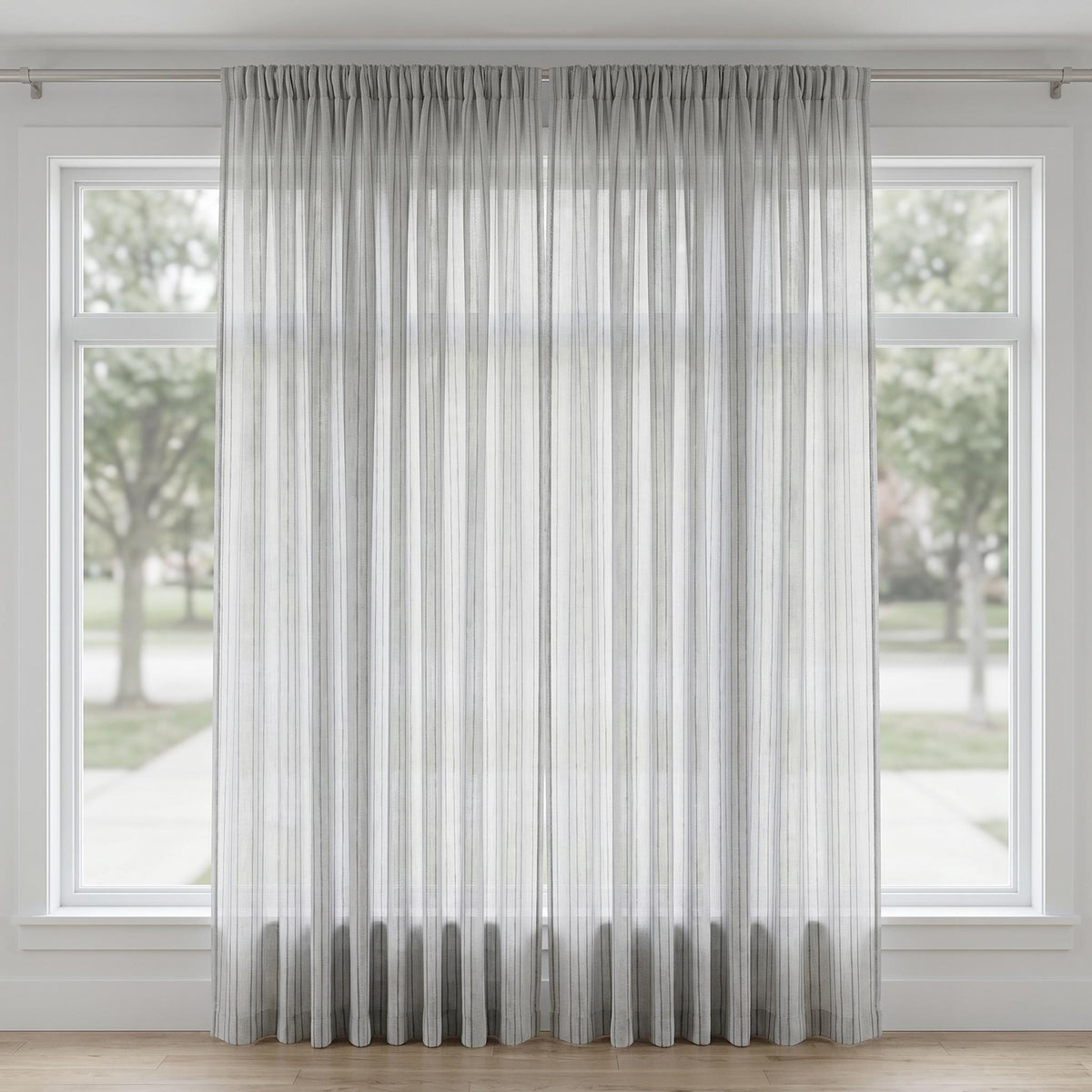 White Linen Sheer Curtains, Grey Embroidered Stripe Drapes, Custom Privacy Panels, Modern Sheer Window Curtains — image 10