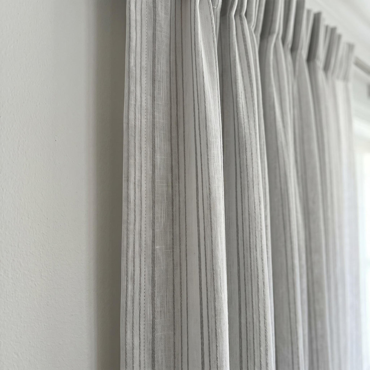 White Linen Sheer Curtains, Grey Embroidered Stripe Drapes, Custom Privacy Panels, Modern Sheer Window Curtains — image 8