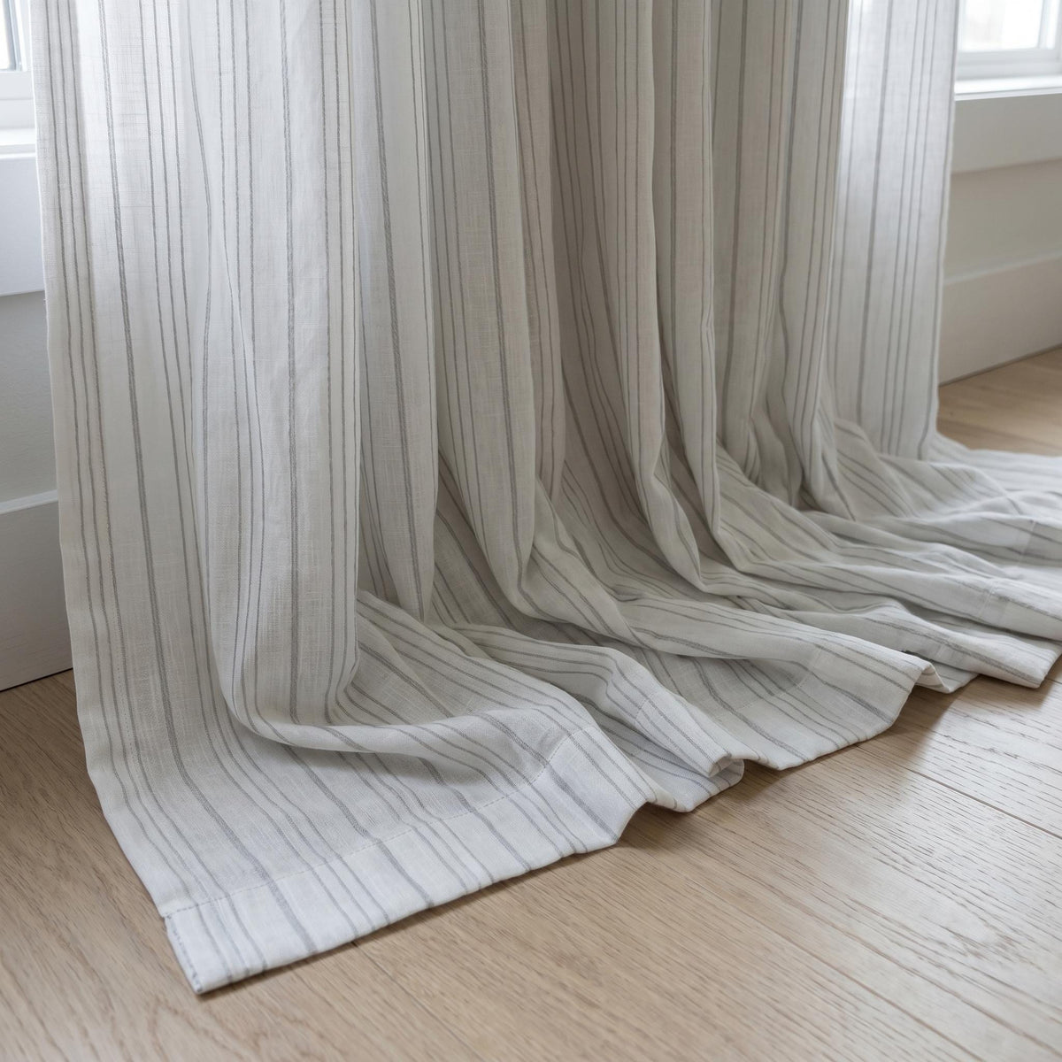 White Linen Sheer Curtains, Grey Embroidered Stripe Drapes, Custom Privacy Panels, Modern Sheer Window Curtains — image 2