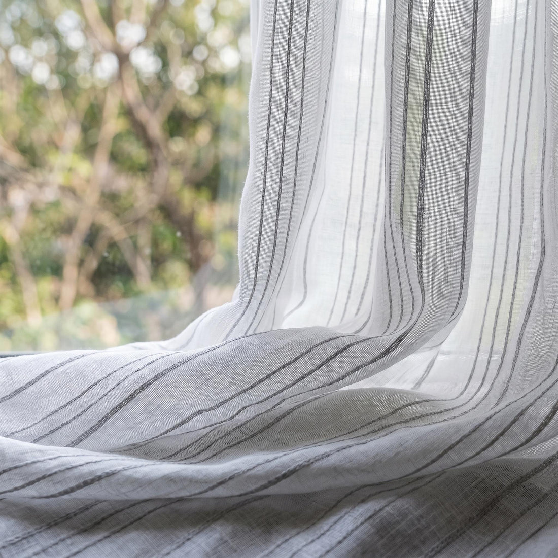 White Linen Sheer Curtains, Grey Embroidered Stripe Drapes, Custom Privacy Panels, Modern Sheer Window Curtains — image 1