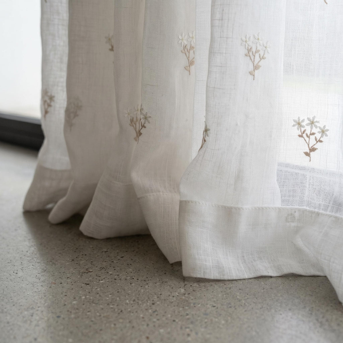 White Pure Linen Sheer Curtains, Ivory Beige Embroidered Wildflower Drapes, Custom Light Filtering Window Panels — image 4