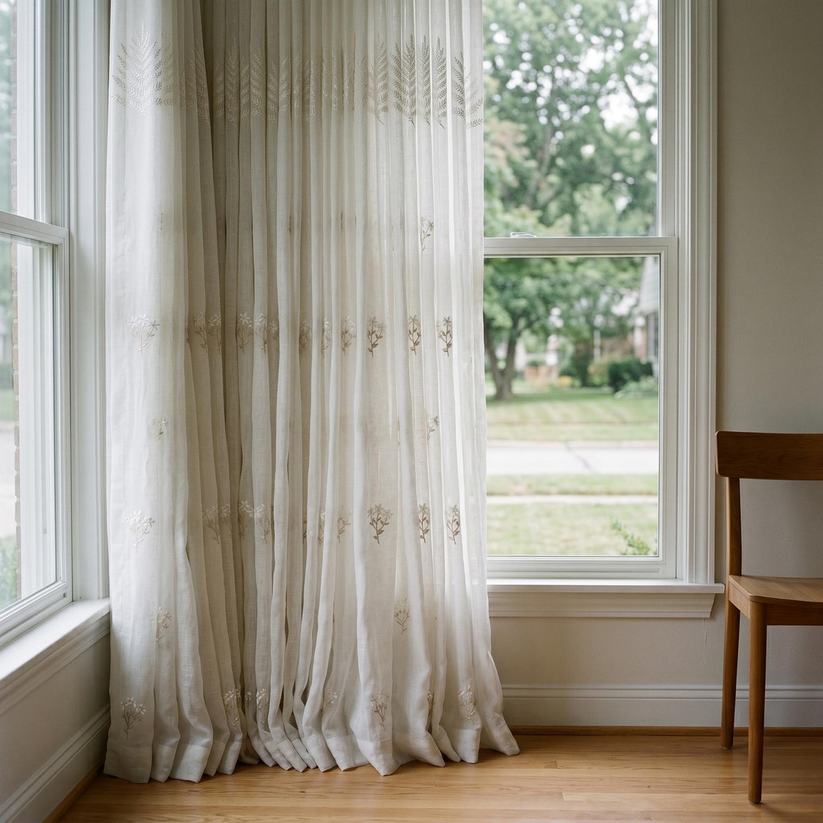 White Pure Linen Sheer Curtains, Ivory Beige Embroidered Wildflower Drapes, Custom Light Filtering Window Panels — image 6
