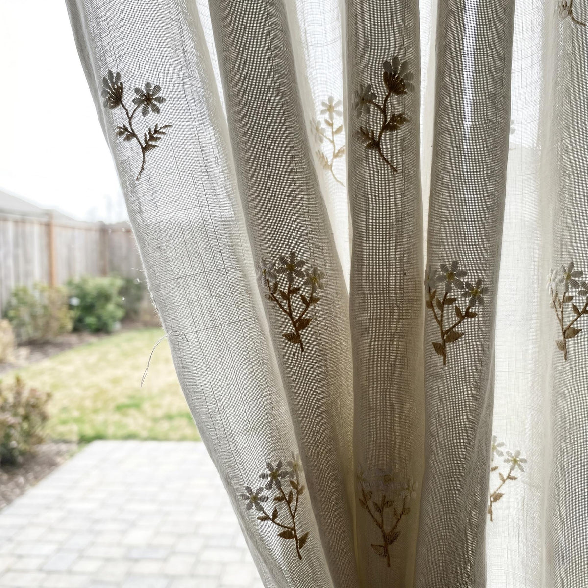 White Pure Linen Sheer Curtains, Ivory Beige Embroidered Wildflower Drapes, Custom Light Filtering Window Panels — image 8