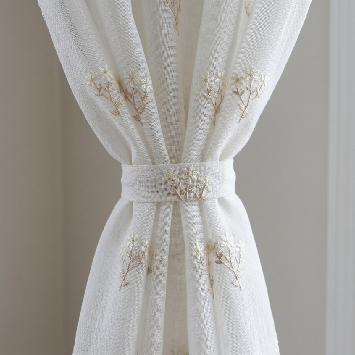 White Pure Linen Sheer Curtains, Ivory Beige Embroidered Wildflower Drapes, Custom Light Filtering Window Panels — image 3