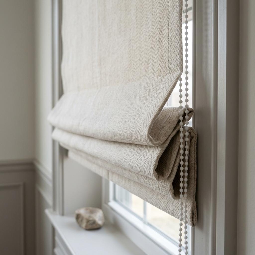 Herringbone Linen Roman Shade, Oatmeal Beige Textured Woven Blind, Custom Corded Window Shade, Blackout or Cotton Lined — image 6