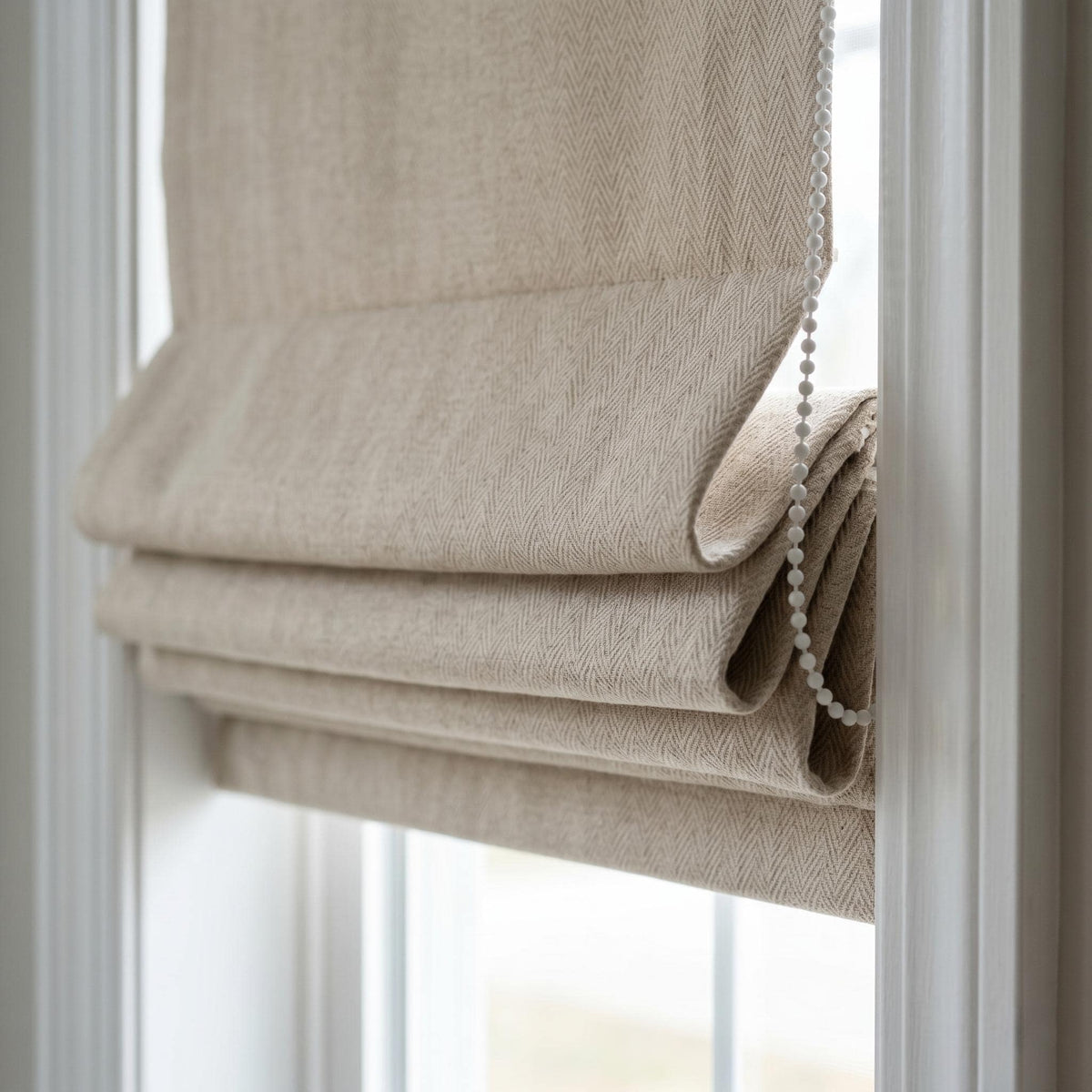Herringbone Linen Roman Shade, Oatmeal Beige Textured Woven Blind, Custom Corded Window Shade, Blackout or Cotton Lined — image 3