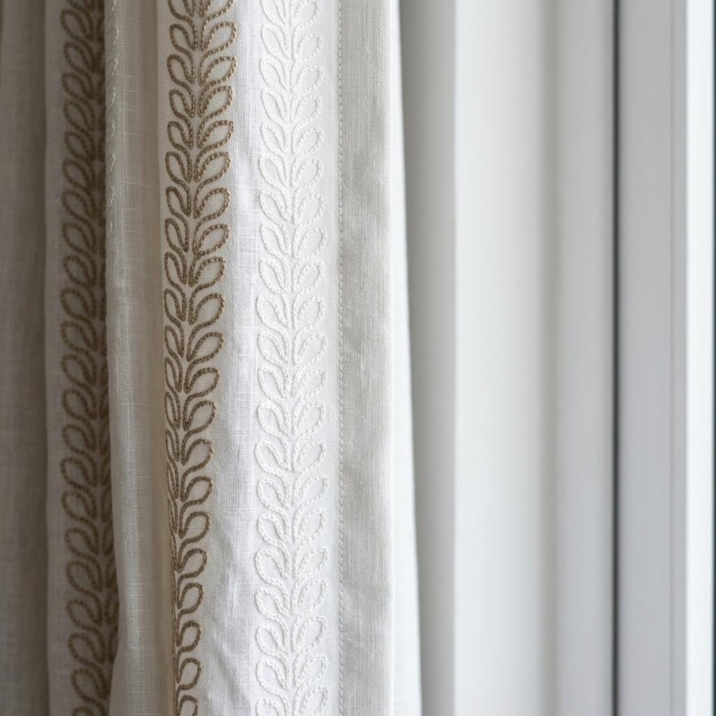 Pure White Heavy Linen Curtains, Taupe Ivory Vine Embroidered Drapes, Custom Blackout or Cotton Lined Panels — image 9