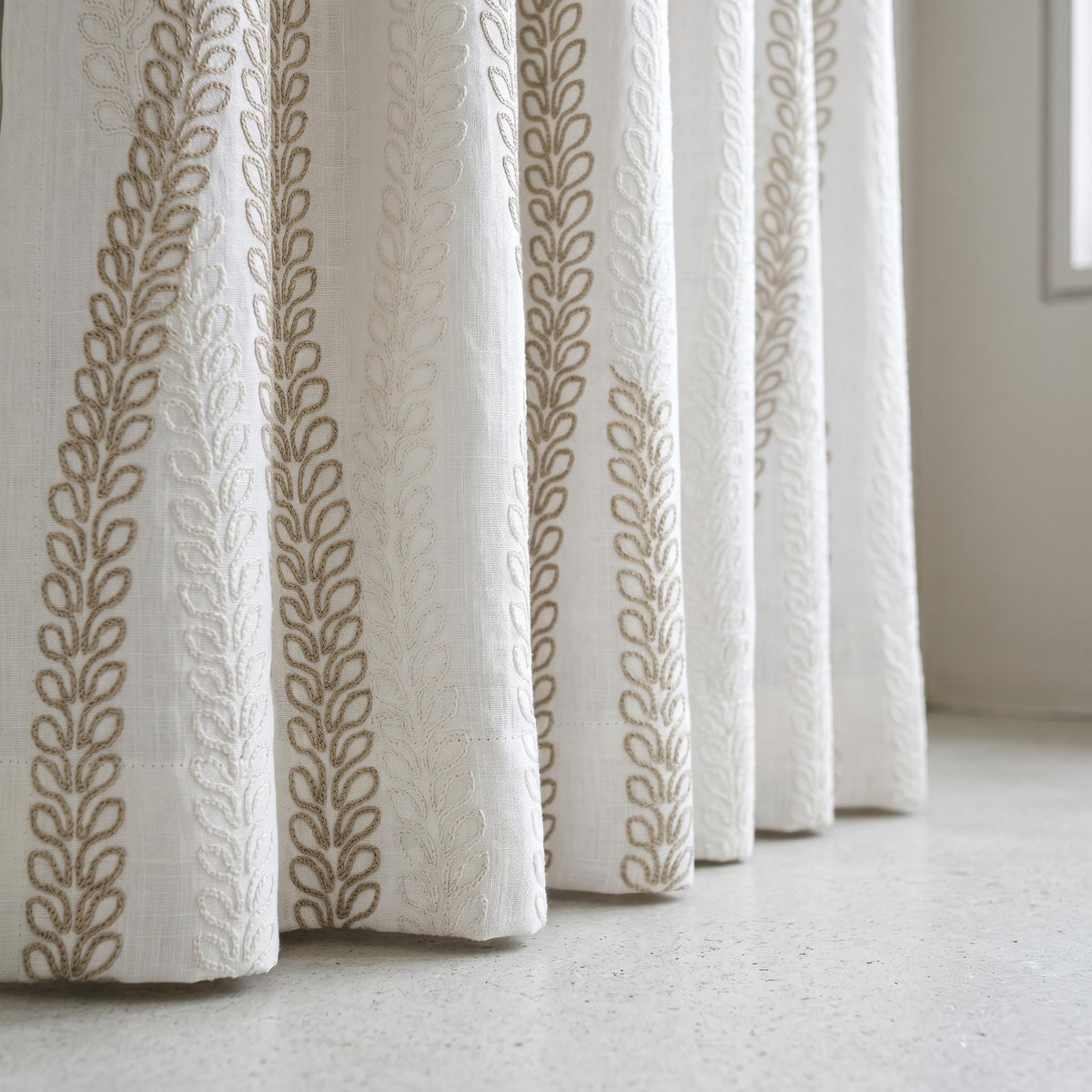 Pure White Heavy Linen Curtains, Taupe Ivory Vine Embroidered Drapes, Custom Blackout or Cotton Lined Panels — image 4