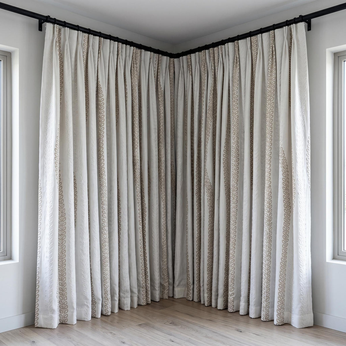 Pure White Heavy Linen Curtains, Taupe Ivory Vine Embroidered Drapes, Custom Blackout or Cotton Lined Panels — image 3