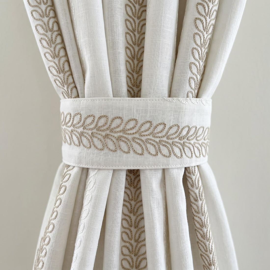 Pure White Heavy Linen Curtains, Taupe Ivory Vine Embroidered Drapes, Custom Blackout or Cotton Lined Panels — image 1