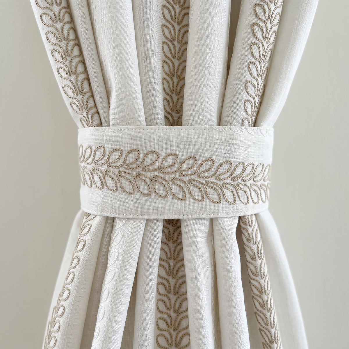 Pure White Heavy Linen Curtains, Taupe Ivory Vine Embroidered Drapes, Custom Blackout or Cotton Lined Panels — image 2