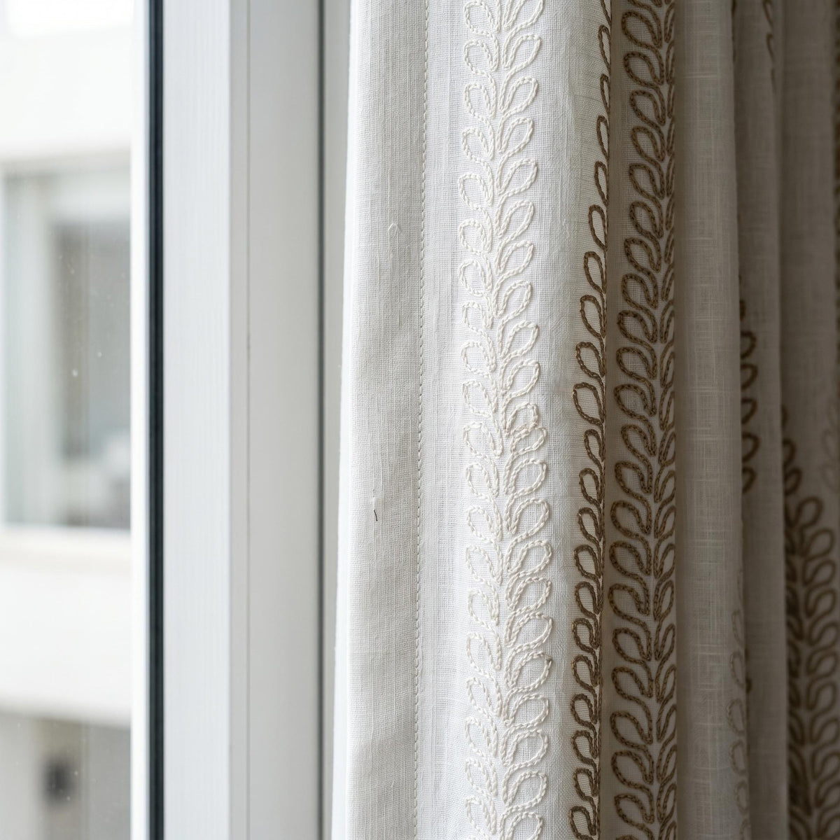 Pure White Heavy Linen Curtains, Taupe Ivory Vine Embroidered Drapes, Custom Blackout or Cotton Lined Panels — image 6