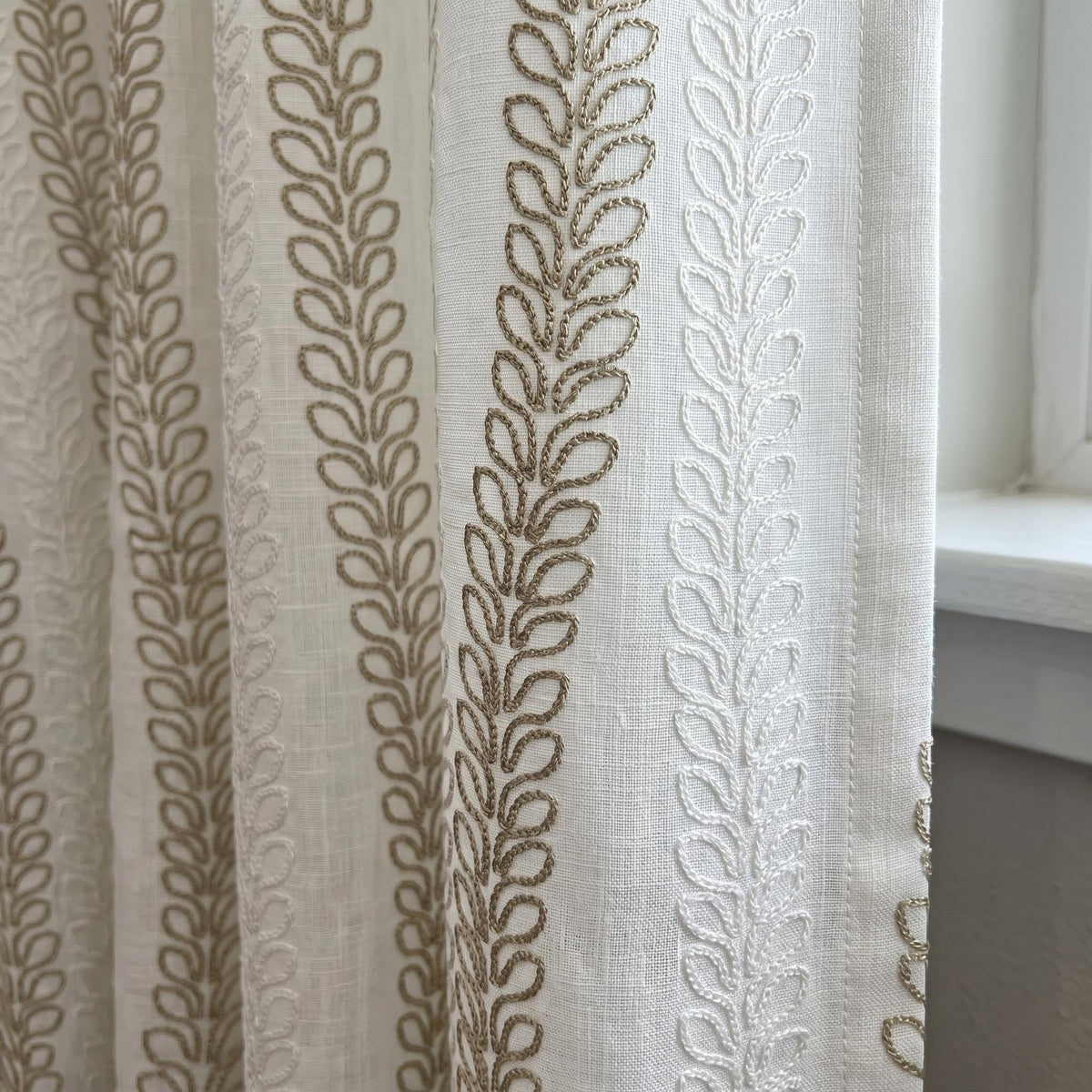 Pure White Heavy Linen Curtains, Taupe Ivory Vine Embroidered Drapes, Custom Blackout or Cotton Lined Panels — image 1