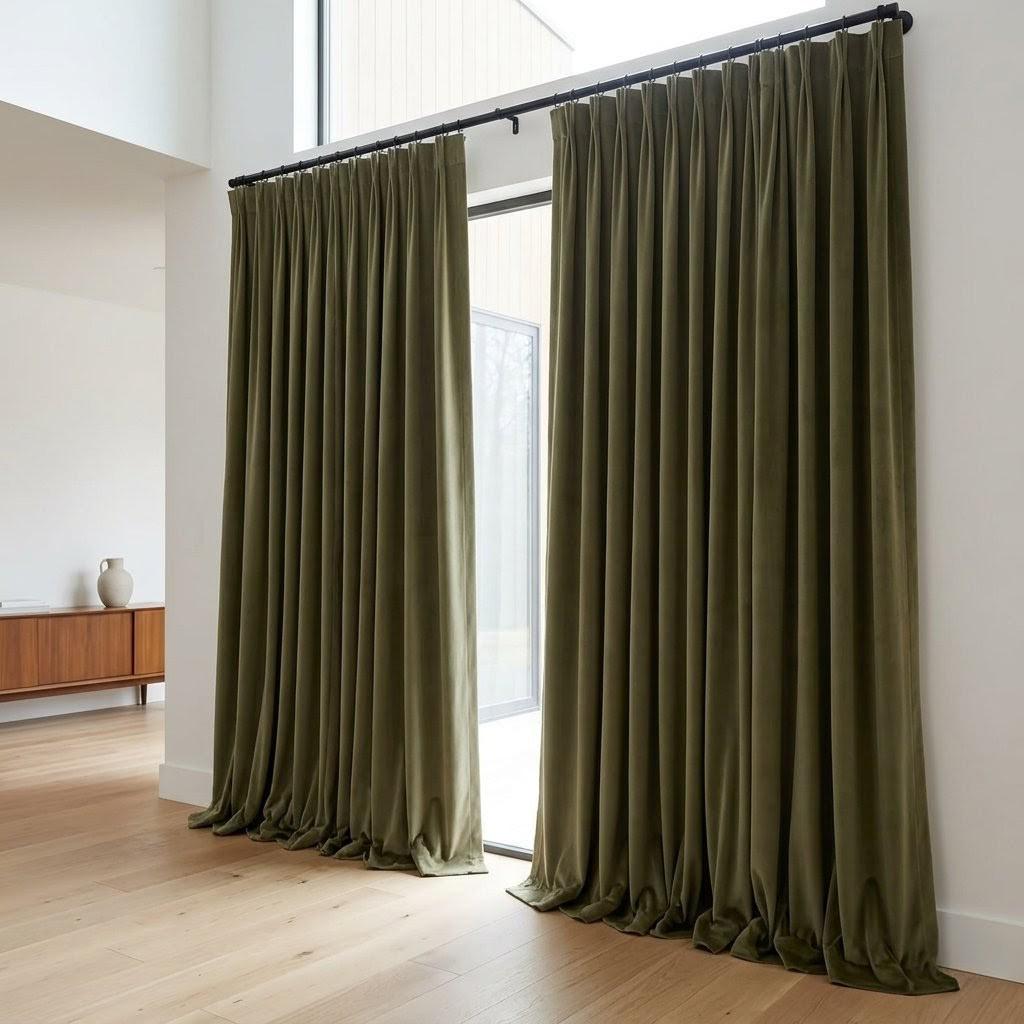 Khaki Olive Green Velvet Curtains, Heavy Luxury Drapes, Custom Blackout or Cotton Lined Window Panels — image 6