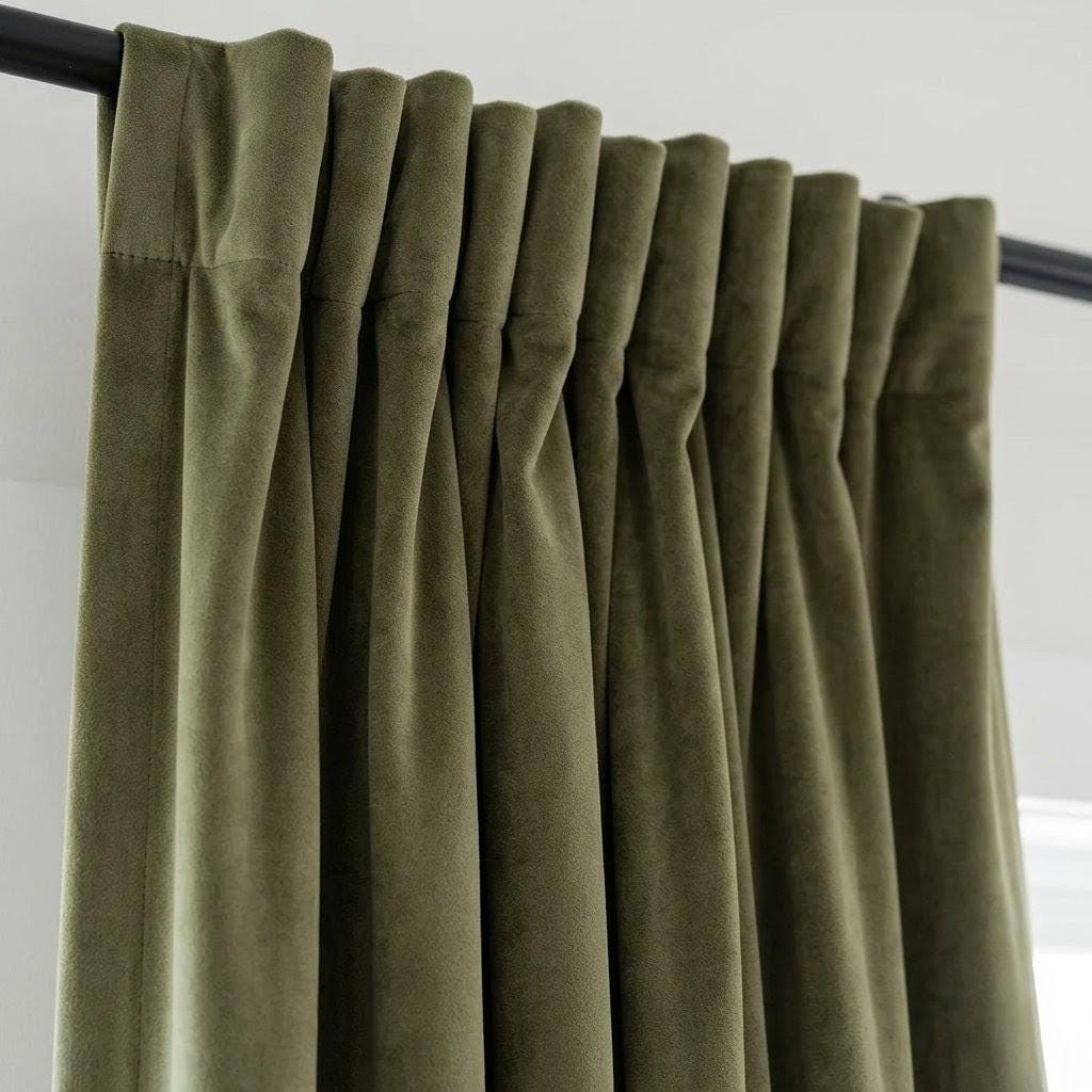 Khaki Olive Green Velvet Curtains, Heavy Luxury Drapes, Custom Blackout or Cotton Lined Window Panels — image 2