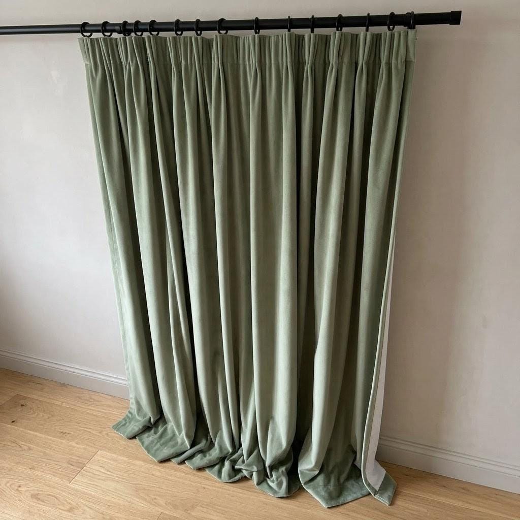 Pale Sage Green Velvet Curtains, Heavy Luxury Drapes, Custom Blackout or Cotton Lined Window Panels, Soft Pistachio — image 8