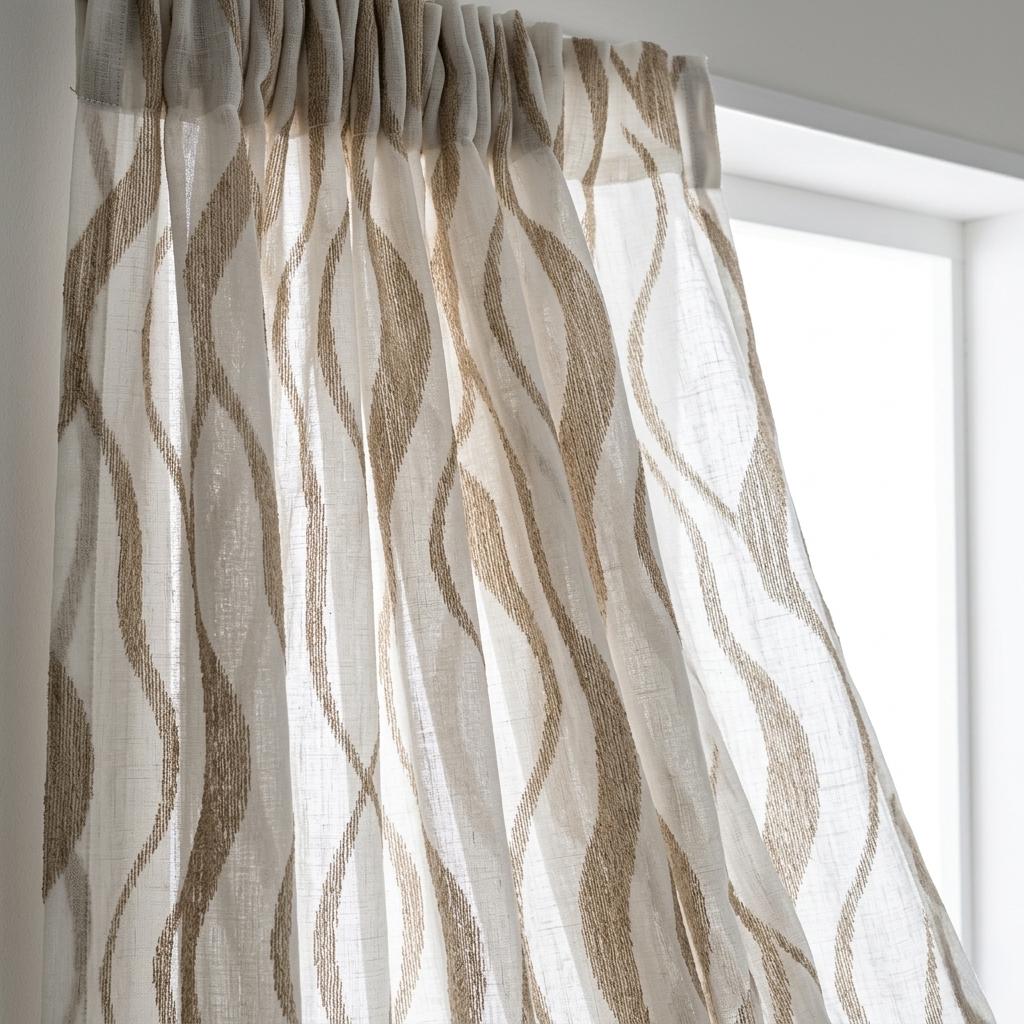 White Pure Linen Sheer Curtains with Taupe Embroidered Wavy Stripe, Custom Linen Drapes, Single or Pair — image 8