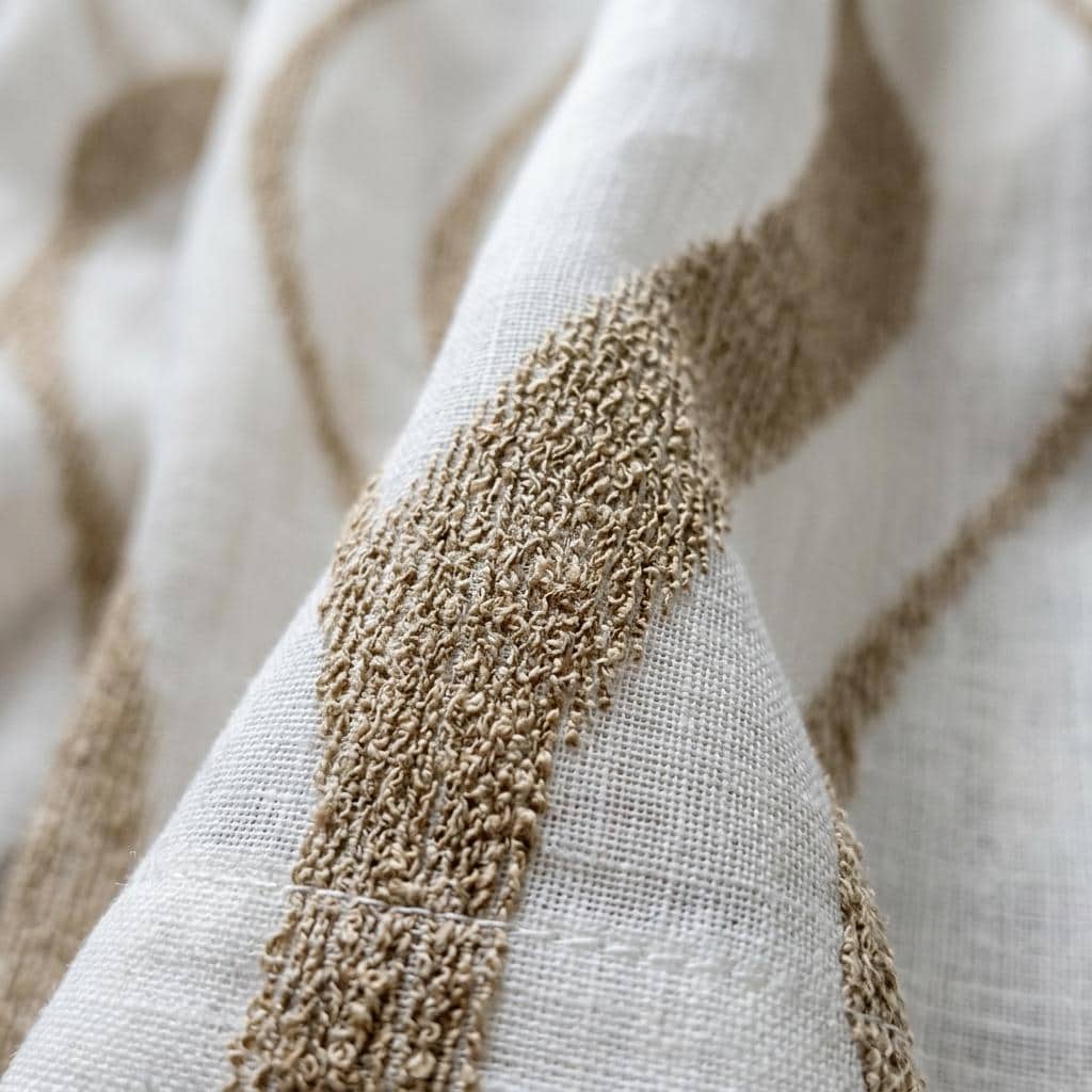 White Pure Linen Sheer Curtains with Taupe Embroidered Wavy Stripe, Custom Linen Drapes, Single or Pair — image 6