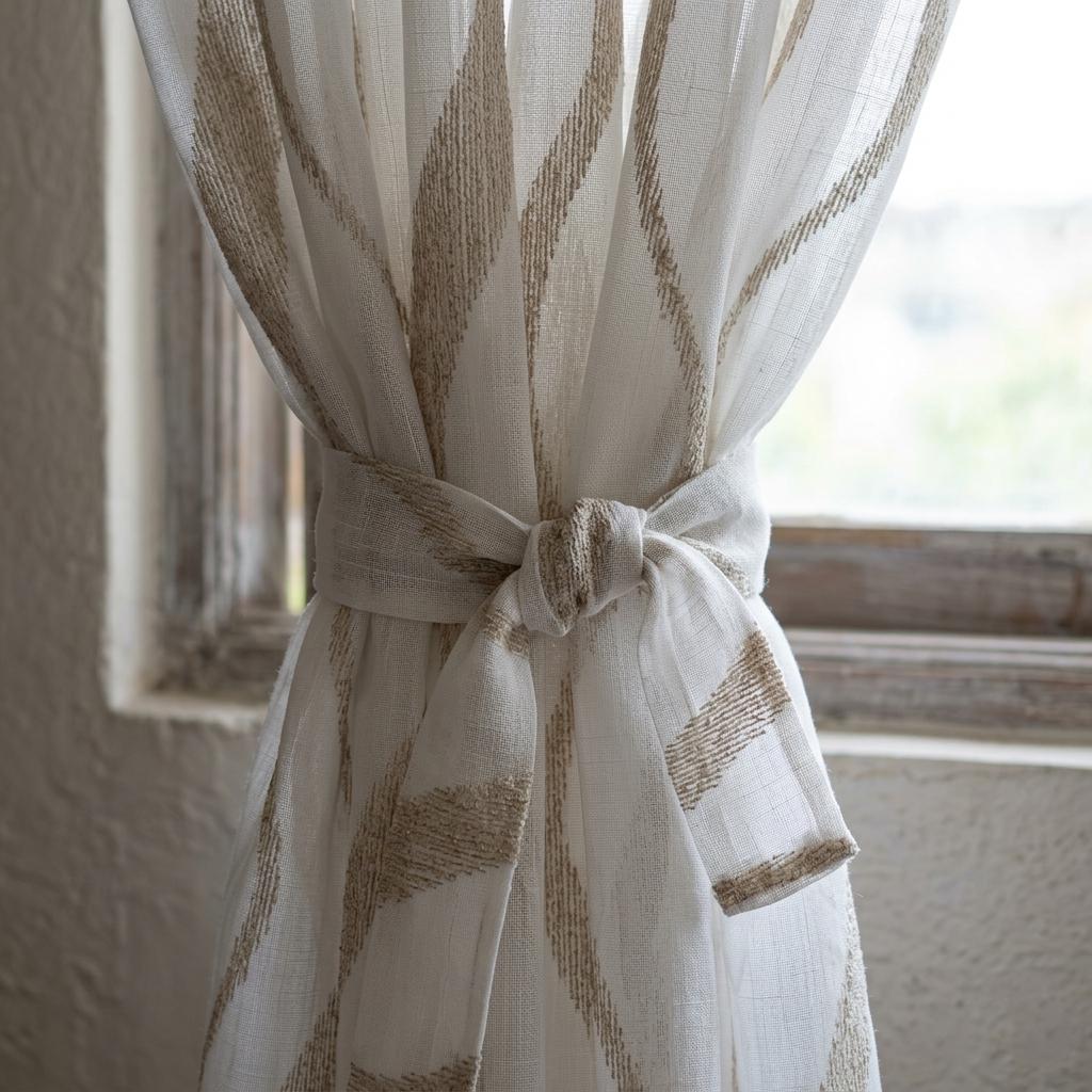 White Pure Linen Sheer Curtains with Taupe Embroidered Wavy Stripe, Custom Linen Drapes, Single or Pair — image 2