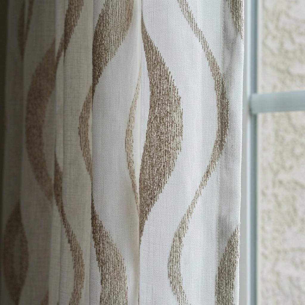 White Pure Linen Sheer Curtains with Taupe Embroidered Wavy Stripe, Custom Linen Drapes, Single or Pair — image 1