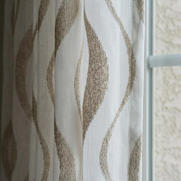 White Pure Linen Sheer Curtains with Taupe Embroidered Wavy Stripe, Custom Linen Drapes, Single or Pair — image 1
