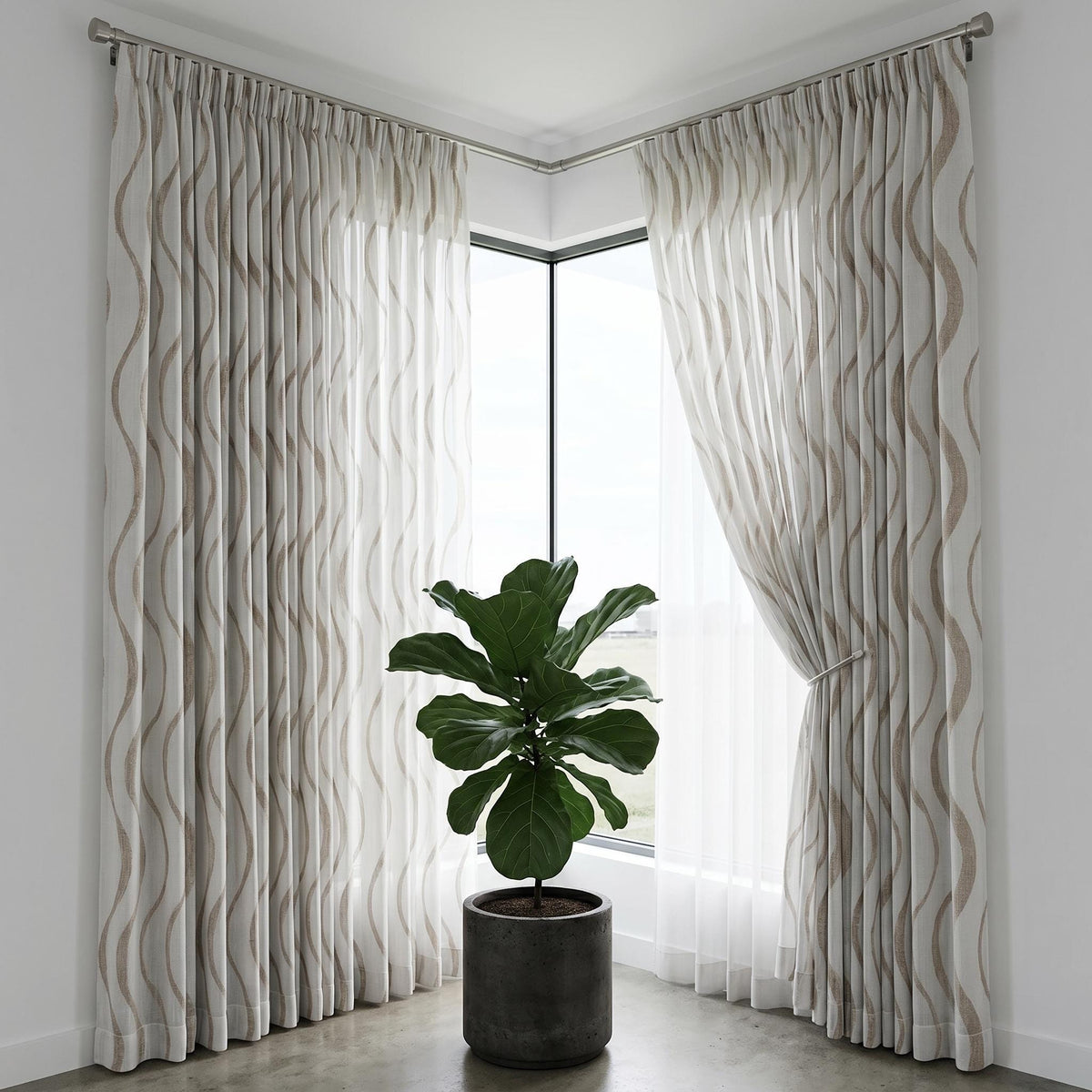 White Pure Linen Sheer Curtains with Taupe Embroidered Wavy Stripe, Custom Linen Drapes, Single or Pair — image 3