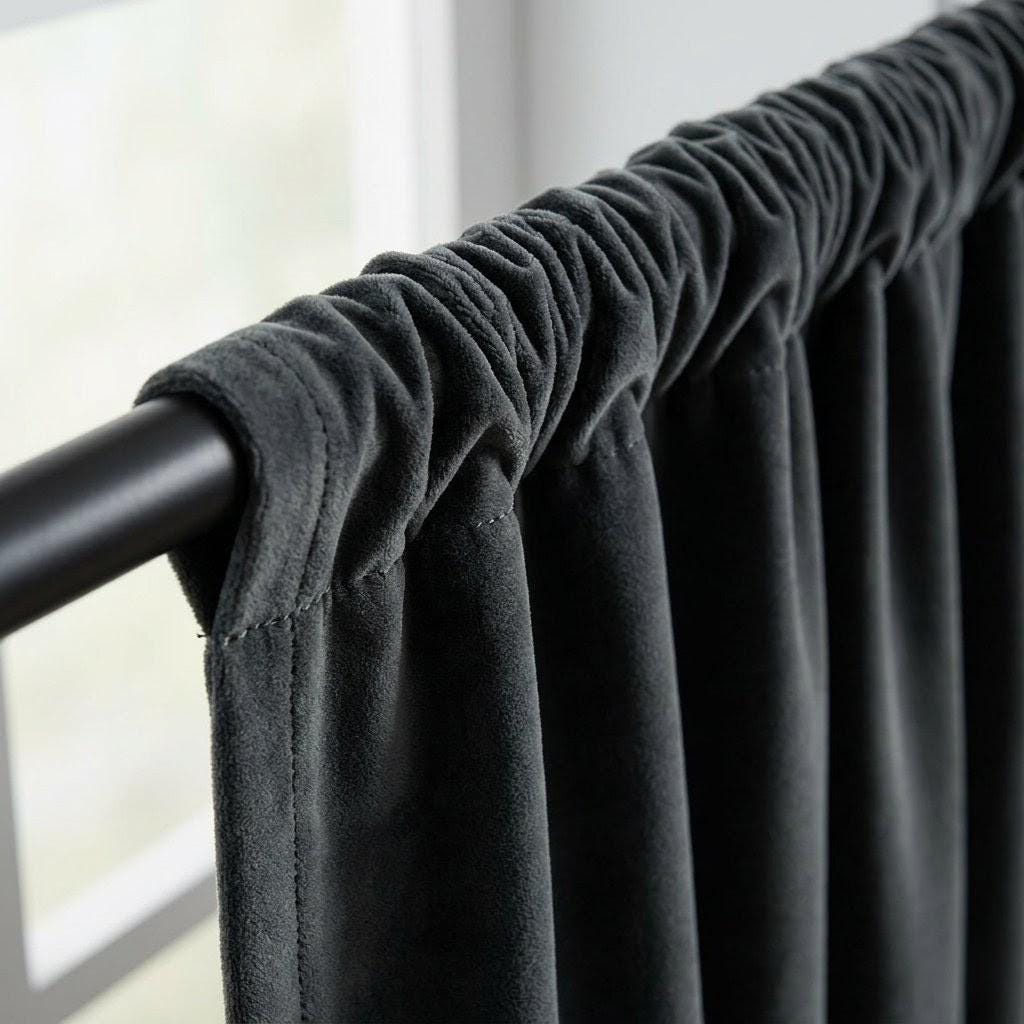 Charcoal Gray Velvet Curtains, Heavy Blackout Drapes, Custom Luxury Window Panels, Rod Pocket Back Tab Grommet — image 4