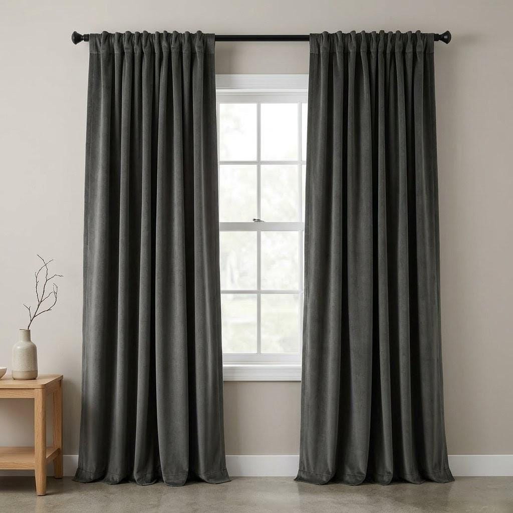 Carbon Grey Velvet Curtains, Heavy Blackout Drapes, Luxury Custom Window Panels, Rod Pocket Back Tab Grommet — image 4