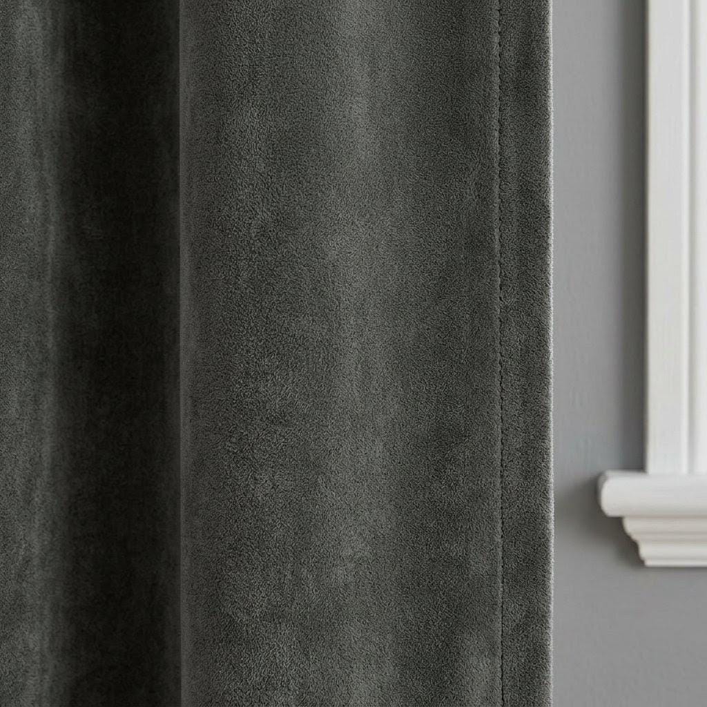 Carbon Grey Velvet Curtains, Heavy Blackout Drapes, Luxury Custom Window Panels, Rod Pocket Back Tab Grommet — image 1