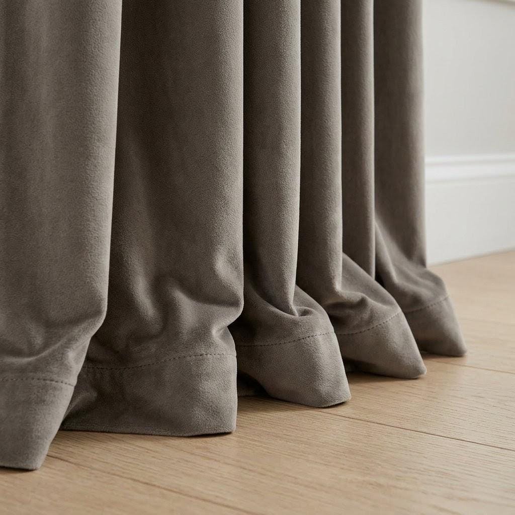 Greige Taupe Velvet Curtains, Heavy Blackout Drapes, Luxury Custom Window Panels, Rod Pocket Back Tab Grommet — image 4