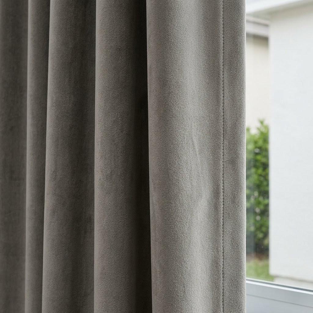 Greige Taupe Velvet Curtains, Heavy Blackout Drapes, Luxury Custom Window Panels, Rod Pocket Back Tab Grommet — image 1