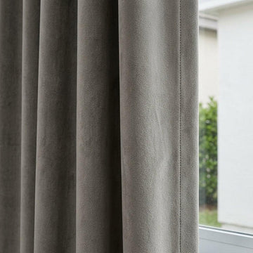 Greige Taupe Velvet Curtains, Heavy Blackout Drapes, Luxury Custom Window Panels, Rod Pocket Back Tab Grommet — image 1