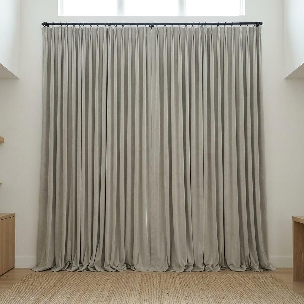 Warm Light Gray Velvet Curtains, Heavy Blackout Drapes, Custom Luxury Window Panels, Rod Pocket Back Tab Grommet — image 3