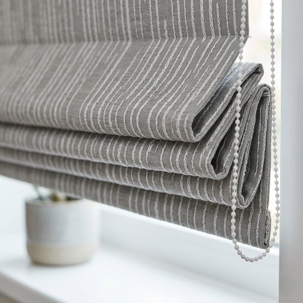 Gray Cotton Jacquard Roman Shade, Ivory Dash Pattern Corded Roman Blind, Custom Blackout Window Shade — image 4