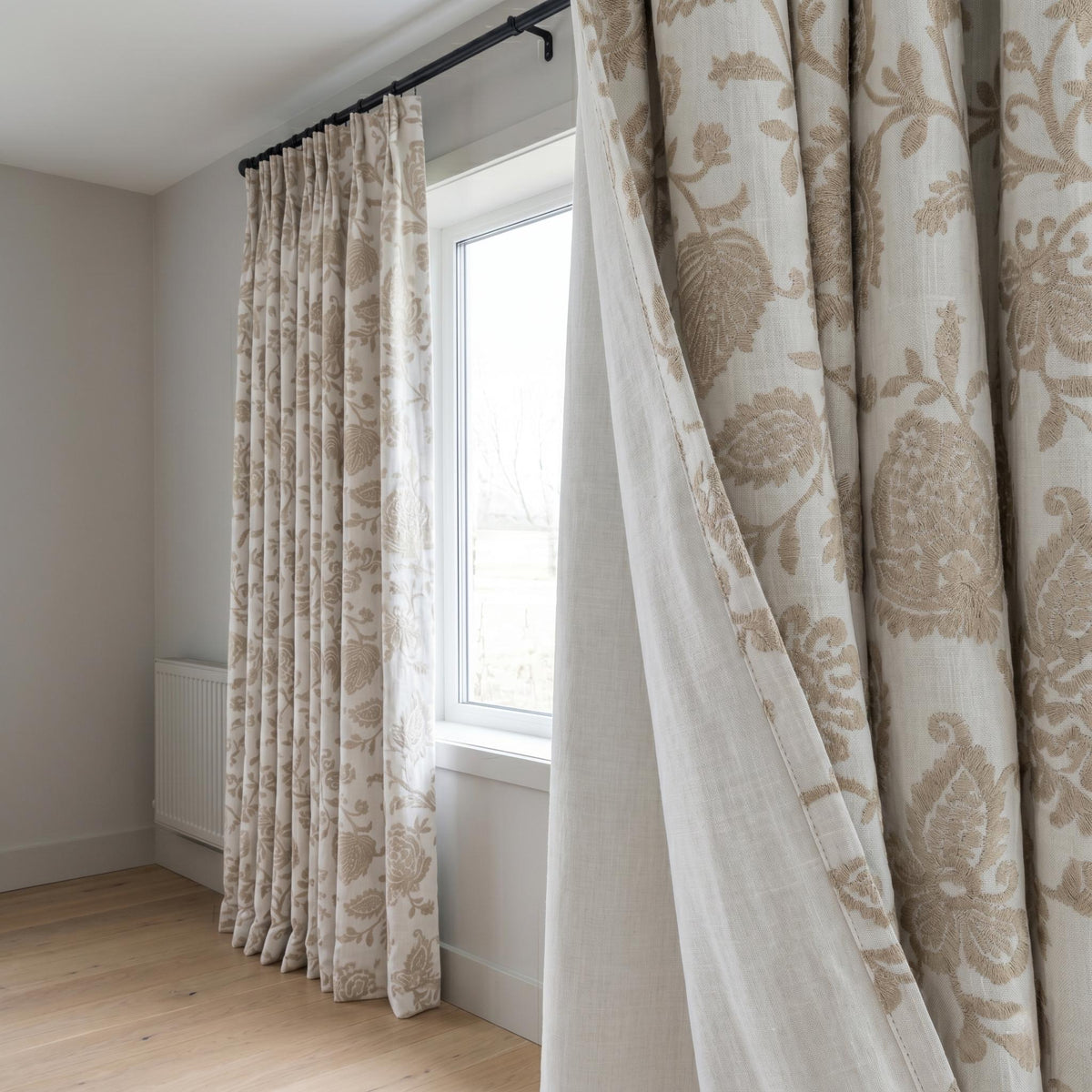 Pure White Linen Embroidered Curtains, Beige Floral Vine Drapes, Heavy Custom Window Panels, Blackout or Cotton Liner — image 6