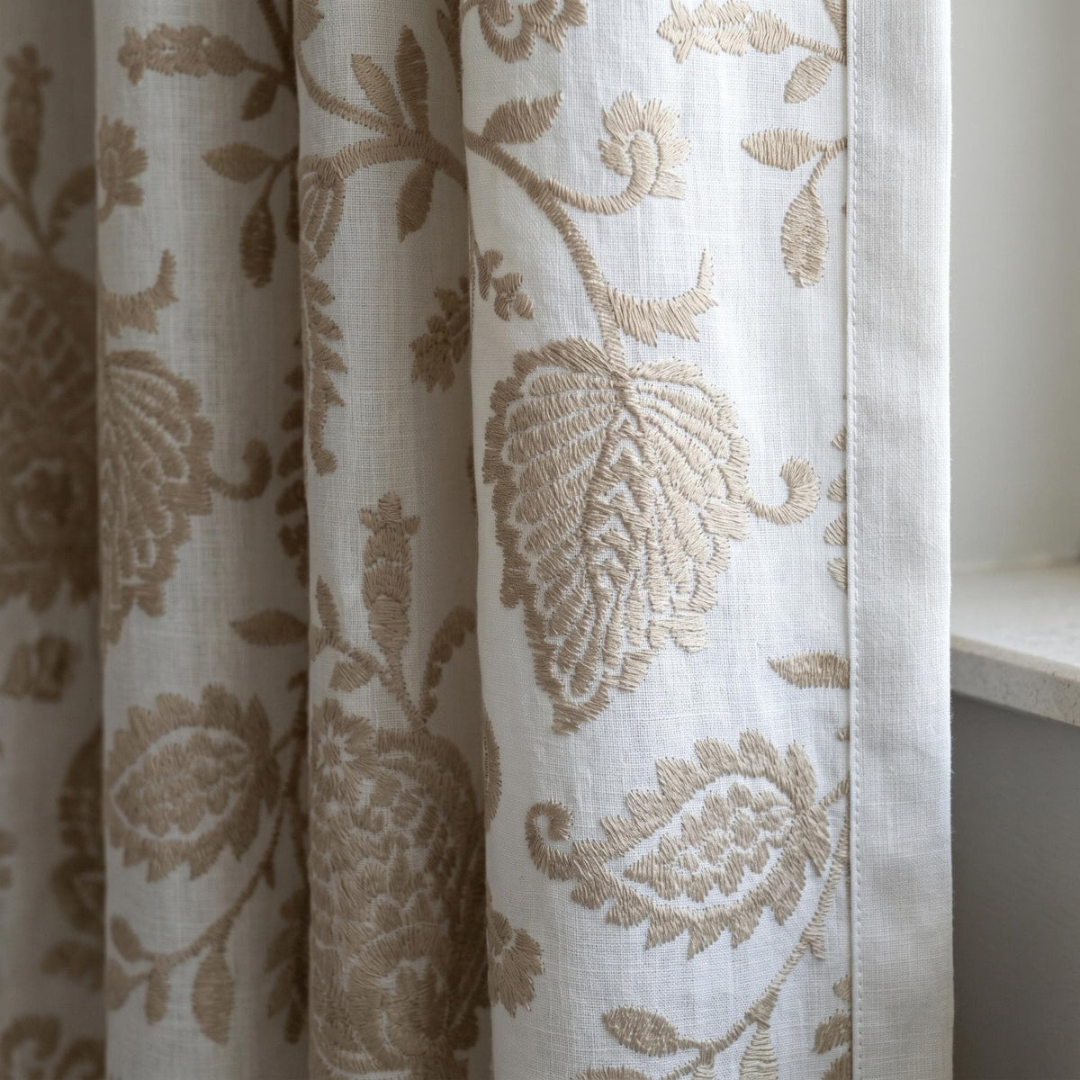 Pure White Linen Embroidered Curtains, Beige Floral Vine Drapes, Heavy Custom Window Panels, Blackout or Cotton Liner — image 1
